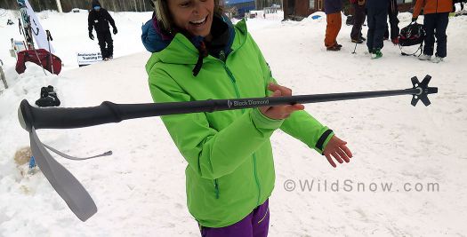 WildSnow Girl, Rachel Bellamy, found something pretty cool -- Black Diamond's new Helio ski pole.