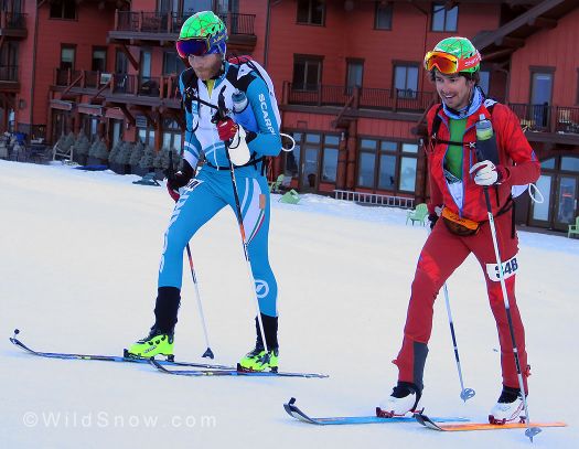 Jason Killgore and WildSnow guest blogger, Michael Arnold looking fresh as they head up the halfway point at Highlands. Jason Killgore and WildSnow guest blogger, Michael Arnold looking fresh as they head up the halfway point at Highlands.