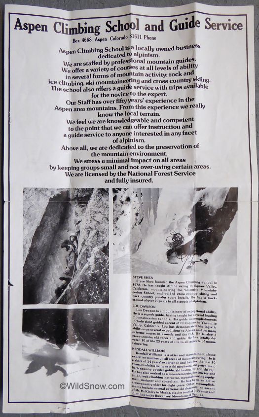 Aspen Climbing School brochure circa 1976. Aspen Climbing School brochure circa 1976.