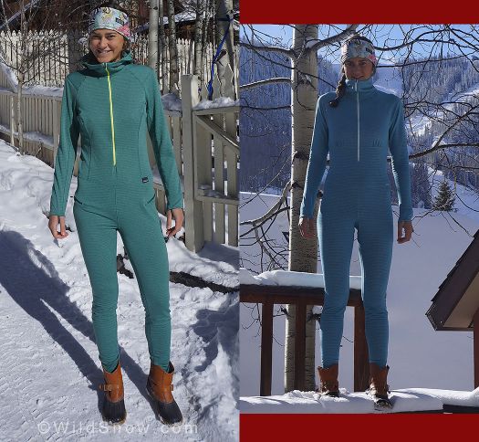 The current Women’s Capilene® Thermal Weight One Piece Suit in Arbor Green and the previous Women’s Capilene® 4 Expedition Weight One Piece Suit in Tabago Blue. The current Women’s Capilene® Thermal Weight One Piece Suit in Arbor Green and the previous Women’s Capilene® 4 Expedition Weight One Piece Suit in Tabago Blue.
