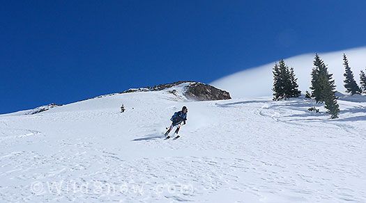 By cutting far over to the shady side of the drainage we were able to find some sheltered powder. Jason finding the goods. By cutting far over to the shady side of the drainage we were able to find some sheltered powder. Jason finding the goods.