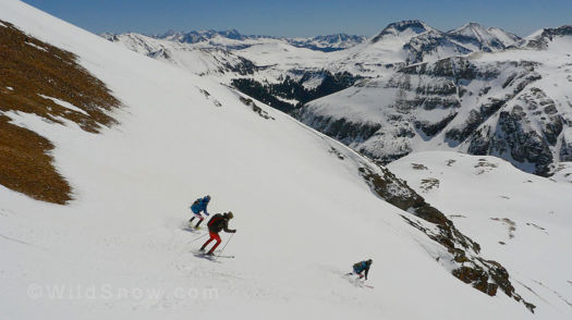 Descending from Grant-swamp Pass through the alpine’s breakable wind-blown crust and into softer snow in the trees. Here we zigged and zagged and descended, trying to follow the Hardrock 100 summer trail here and there. Descending from Grant-swamp Pass through the alpine’s breakable wind-blown crust and into softer snow in the trees. Here we zigged and zagged and descended, trying to follow the Hardrock 100 summer trail here and there.
