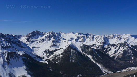 A 3,000 ft. descent towards the town of Ophir was spread out before us. We were hoping the sun would have softened the snow, but we were a few hours too early. A 3,000 ft. descent towards the town of Ophir was spread out before us. We were hoping the sun would have softened the snow, but we were a few hours too early.