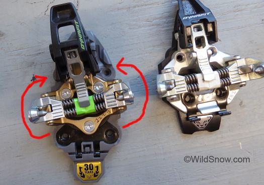 Rad 2 to left, showing rotation. It's blocked after a certain point but quite noticeable. This is a radical concept. To the best of my knowledge there has never in history been a ski binding that had 100% lateral release function at the heel and did not have problems with pre-release. Reason, the basically "moronic" mechanics of ski bindings have a lot of trouble differentiating between heel thrust forces used to turn a ski, as opposed to lateral heel forces that can injure you. Original tech binding design, while not perfect in this regard, did contribute some of its lateral release tension at the toe. Rad 2 does not do so. Difference between Rad 2 and the early problematic bindings is that it's using the tech binding toe wings as well as Dynafit Power Towers, thus blocking at least one mode of lateral pre release. In the end, this could be genius. We figure another season of consumer testing will give us a better read, but this season did go well. Rad 2 to left, showing rotation. It's blocked after a certain point but quite noticeable. This is a radical concept. To the best of my knowledge there has never in history been a ski binding that had 100% lateral release function at the heel and did not have problems with pre-release. Reason, the basically "moronic" mechanics of ski bindings have a lot of trouble differentiating between heel thrust forces used to turn a ski, as opposed to lateral heel forces that can injure you. Original tech binding design, while not perfect in this regard, did contribute some of its lateral release tension at the toe. Rad 2 does not do so. Difference between Rad 2 and early