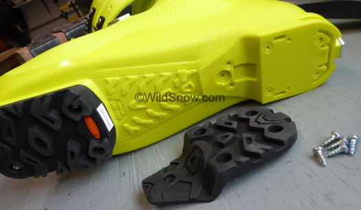 Removable sole system is clean and simple, lack of steel threaded fasteners in boot saves weight, is not a concern.