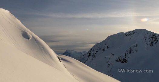 WildsnowEdit (11 of 16) We found a bit of pow, and made use of it. Yours truly finding the goods on the "sunset line" above the hut.