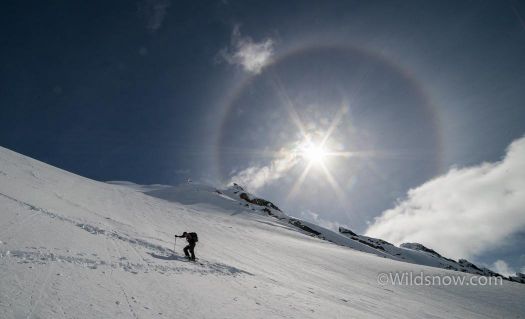 Hiking up to the Seven Steps of Paradise on our 3rd day at the hut.  Check out that sun halo!