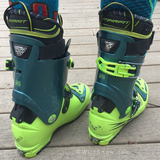 Low profile fit -- here the right boot has the ski mode buckle engaged.