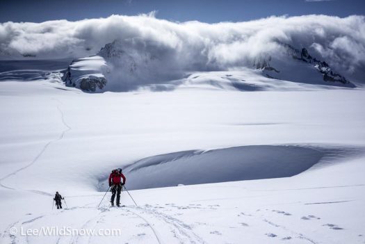 Touring on big glaciers offers an experience into the surreal. Small outcrops turn into giant cliffs; that near corner ends up being miles away. Touring on big glaciers offers an experience into the surreal. Small outcrops turn into giant cliffs; that near corner ends up being miles away.