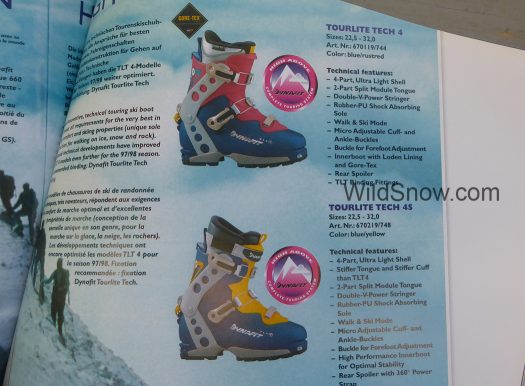 Dynafit TLT 4 ski boot was ground breaking, with trimmed toe and significant weight savings, first marketed in 1994. Dynafit TLT 4 ski boot was ground breaking, with trimmed toe and significant weight savings, first marketed in 1994.