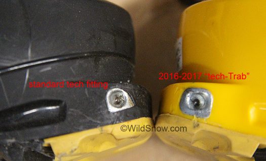 Standard generic tech fitting to left, tech-Trab fitting in ver 2 is interesting. Extensive testing in WildSnow Labs shows gives it a pass. Standard generic tech fitting to left, tech-Trab fitting in ver 2 is interesting. Extensive testing in WildSnow Labs shows gives it a pass.