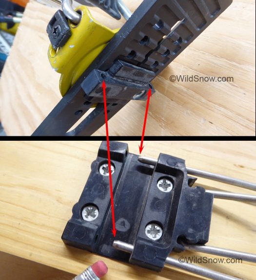 In latched downhill mode, slot in upper plate mated with slot in receiver, held by the pins sliding into corresponding holes. In latched downhill mode, slot in upper plate mated with slot in receiver, held by the pins sliding into corresponding holes.
