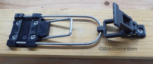Around the 1990s, Emery bindings used this configuration of heel latching to switch from touring to downhill mode. Around the 1990s, Emery bindings used this configuration of heel latching to switch from touring to downhill mode.
