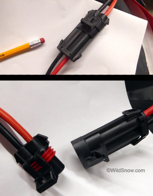 Battery connector is an automotive standard Delphi 480 Metri-Pack on 10awg silicon insulated fine strand wire. Battery connector is an automotive standard Delphi 480 Metri-Pack on 10awg silicon insulated fine strand wire.