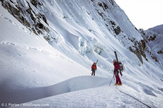 First light and Mark and Janelle on the glacier beneath the SE face of Huandoy Este. Thirty minutes before this photo we raced, roped-up and post-holing, from a roaring powder cloud in the first moments of daylight. You can see the debris pile behind Janelle’s purple pants and, faintly, our boot track behind her heels. Not all of that debris is from this morning’s slide. First light and Mark and Janelle on the glacier beneath the SE face of Huandoy Este. Thirty minutes before this photo we raced, roped-up and post-holing, from a roaring powder cloud in the first moments of daylight. You can see the debris pile behind Janelle’s purple pants and, faintly, our boot track behind her heels. Not all of that debris is from this morning’s slide.