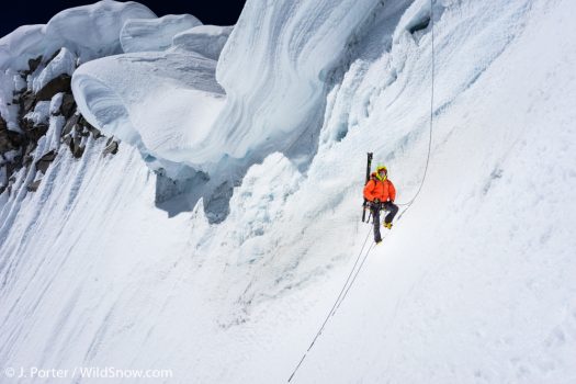 Mark, touching down after the cornice rappel. Just a few more meters of down climbing brought us all to basically flat ground. Mark, touching down after the cornice rappel. Just a few more meters of down climbing brought us all to basically flat ground.
