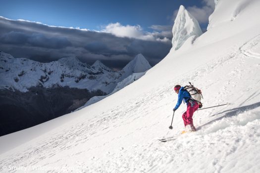 Three time US ski mountaineering race champion Janelle Smiley ripping corn on Nevado Pisco.