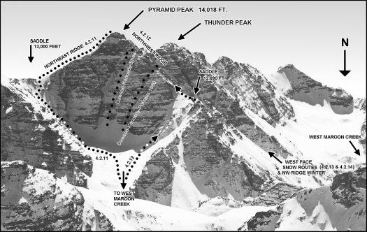 Pyramid Peak viewed from north, with our winter north face climbs marked. Pyramid Peak viewed from north, with our winter north face climbs marked.