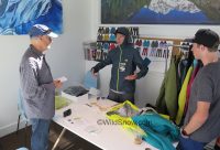 Gaston showing me their Recon jacket, for high output uphill, softshell with perforated vent zones on back and under arms. Gaston showing me their Recon jacket, for high output uphill, softshell with perforated vent zones on back and under arms.