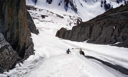 Arriving to the lower section of the couloir, Griffin finds another interesting snow feature to shralp. Arriving to the lower section of the couloir, Griffin finds another interesting snow feature to shralp.
