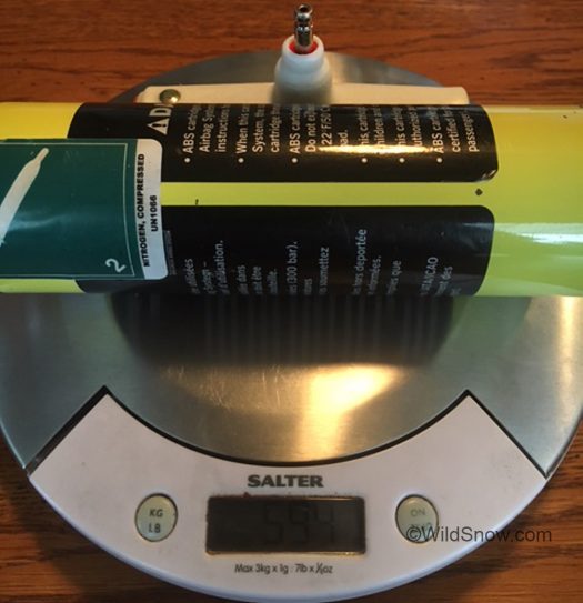 Arva nitrogen cylinder, empty = 594 grams, filled = 694 grams. Arva nitrogen cylinder, filled, 594 grams.