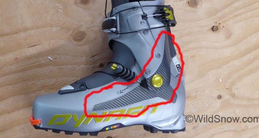 Spine and outside of boot lower shell are reinforced with a fiber composite molded in with the boot plastic. Spine and outside of boot lower shell are reinforced with a fiber composite molded in with the boot plastic.