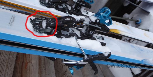 MTN binding with brake deployed for downhill. Clip flange is flipped forward. This "seperated" method of brake stowage, as opposed to efforts made by other brands to integrate brake retraction with heel unit MTN binding with brake deployed for downhill. Clip flange is flipped forward. This "seperated" method of brake stowage, as opposed to efforts made by other brands to integrate brake retraction with heel unit, is what I'd like to see all tech binding makers use. Getting fancy with integrated brake retraction systems has been a huge distraction in the industry. Get over it. A vast number of people ski without brakes, anyhow. Indeed, how easily a binding brake can be removed is perhaps the number one brake "feature" on our list. Easy installation is number two.