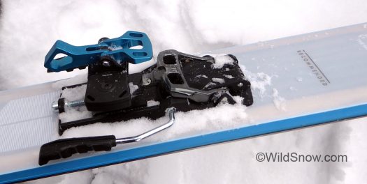 MTN binding with heel unit rotated to heel-flat-on-ski position. MTN binding with heel unit rotated to heel-flat-on-ski position.