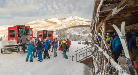 DSC04380-2-January 13, 2017-1 Loading up the snowcats at the start of the day. Park City powder cats operates on a summertime sheep ranch. The rustic ranch cabin was a neat way to start the day.