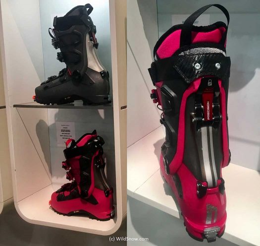 Dynafit Beast: men’s in the black and women’s in Magenta -- with a view of the ski/walk mechanism on the right. Dynafit Beast: men’s in the black and women’s in Magenta -- with a view of the ski/walk mechanism on the right.