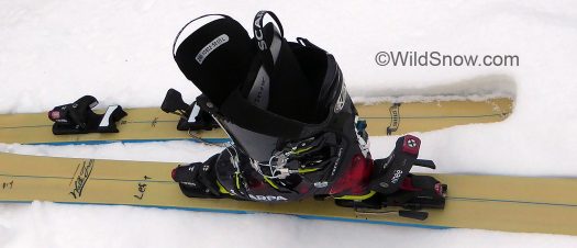 Knee Binding test rig. Knee Binding test rig utilizes a pair of Surface brand skis as a platform, they're beefy and have accepted multiple binding mounts.