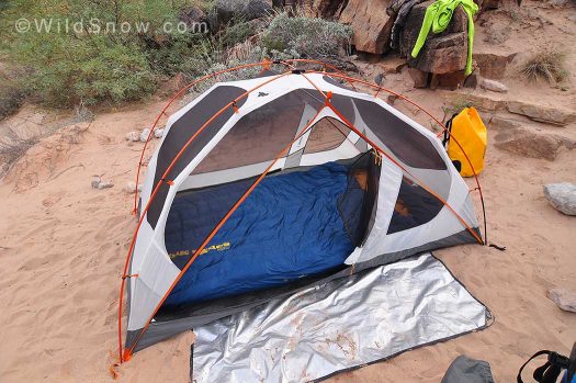 The comfy 600 fill Downtek™ two person bed in a two person tent along the Colorado river.