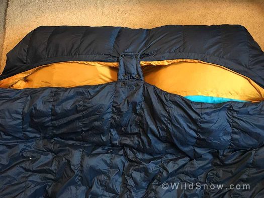 Big Agnes has added an easy to snap little bridge that helps the middle of the bag stay close to the hood. We found that this helped insulate our necks/heads a little, but wasn’t really capable of duplicating individual mummy hoods.