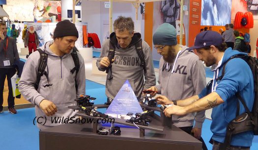 This ISPO didn't have a lot of whoop-de-doo new products in the ski world. Fritschi Tecton thus stood out substantially and got a lot of booth traffic like this crew who stopped by for a glance.