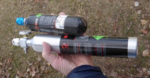 Downsized carbon cylinder if filled with nitrogen, about 327 grams. Larger cylinder, air filled, 666 grams. Downsized carbon cylinder if filled with nitrogen, about 327 grams -- NOT USER REFILLABLE. Larger cylinder, air filled, 666 grams.