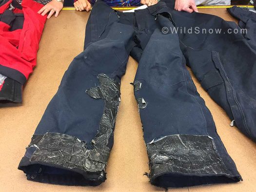 This customer just wanted the zippers to be replaced. The duct-taped cuffs must offer street cred in the patroller locker room. This customer just wanted the zippers to be replaced. The duct-taped cuffs must offer street cred in the patroller locker room.