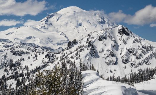 DSC06632-Edit-2-April 21, 2017-5 Stunning view of Mt. Rainier, with the Sheep Lake Couloir in the foreground. If you look close you can see our tracks.