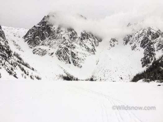 IMG_0518-April 16, 2017-2 Looking back across Colchuck Lake at Dragontail Peak. Asgard pass, where we skied,is the run to the lookers left.