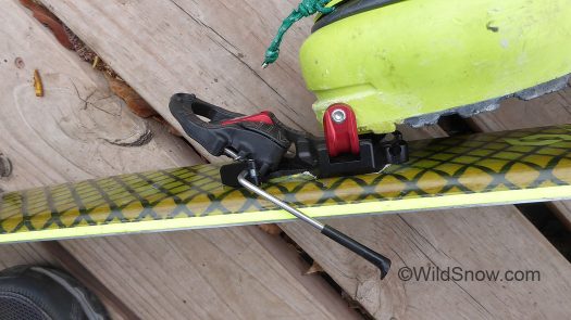 What's nice is that the brake arms remain down as you enter the binding, thus keeping your ski secure on the snow. After you're in, you stow the brake. What's nice is that the brake arms remain down as you enter the binding, thus keeping your ski secure on the snow. After you're in, you stow the brake.