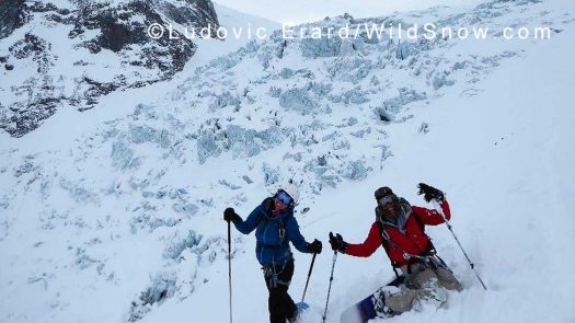 Our courageous snowboarders! Shannon and Francois got their workout polling on the flats but they remained in good humor and their poles made them look like knights hunting snow dragons. Photo by Ludovic Erard. Our courageous snowboarders! Shannon and Francois got their workout polling on the flats but they remained in good humor and their poles made them look like knights hunting snow dragons. Photo by Ludovic Erard.