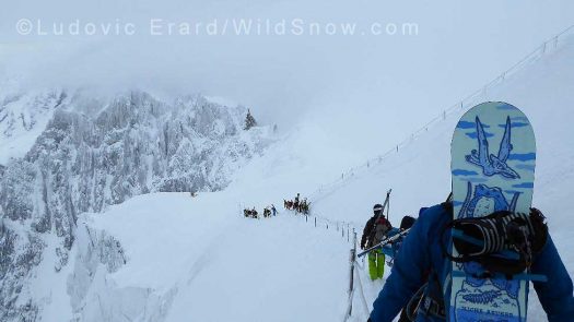 Traversing the ridgeline roped together off the Aiguille du Midi. By far the most impressive part of the descent. I couldn’t see the bottom to our left. Photo by Ludovic Erard Traversing the ridgeline roped together off the Aiguille du Midi. By far the most impressive part of the descent. I couldn’t see the bottom to our left. Photo by Ludovic Erard