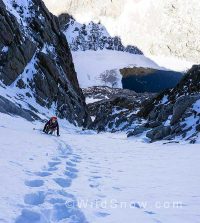 There is usually one or two full on crux sections of very steep 55-degree snow, rock, and ice, and near the top there is a pitch of WI2 water ice. There is usually one or two full on crux sections of very steep 55-degree snow, rock, and ice, and near the top there is a pitch of WI2 water ice.