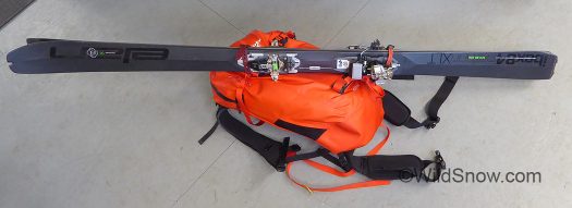There is no dedicated diagonal ski carry system, but it's easily rigged with a few accessory straps. There is no dedicated diagonal ski carry system, but it's easily rigged with a few accessory straps.