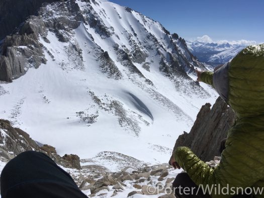 Day 2, April 19, 2017. My 38th birthday, incidentally. Ian McEleney points out our route down the NW Face of Mount Whitney. He, Sam Fletcher, and myself skied that before Sam took off over Whitney/Russell Col. Ian and I continued on that afternoon using Mount Russell as a pass, in the spirit of those that went first. Day 2, April 19, 2017. My 38th birthday, incidentally. Ian McEleney points out our route down the NW Face of Mount Whitney. He, Sam Fletcher, and myself skied that before Sam took off over Whitney/Russell Col. Ian and I continued on that afternoon using Mount Russell as a pass, in the spirit of those that went first.