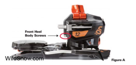 Figure A. Affected bindings have plastic heel unit top, NOT ALUMINUM, screws as indicated may not be installed correctly. Image by G3. Figure A. Affected bindings have plastic heel unit top, NOT ALUMINUM, screws as indicated may not be installed correctly. Image by G3.