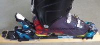 Salomon Guardian frame binding latched down for skiing downhill. Salomon Guardian frame binding latched down for skiing downhill.