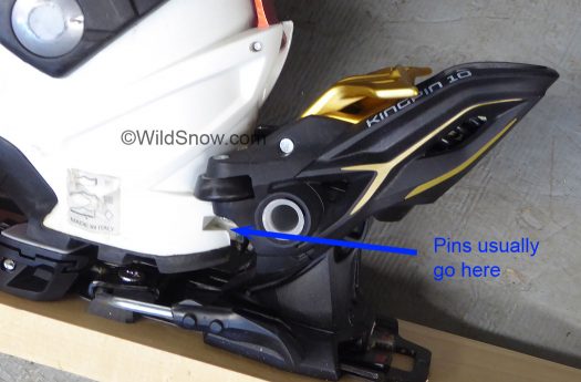 Kingpin heel has vertical travel similar to alpine binding, but it is SIGNIFICANTLY DIFFERENT as it releases to the side at the heel. Kingpin heel has vertical travel similar to alpine binding, but it is SIGNIFICANTLY DIFFERENT as it releases to the side at the heel.