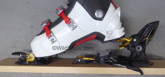 Marker Kingpin hybrid tech binding in uphill mode, with heel lift.