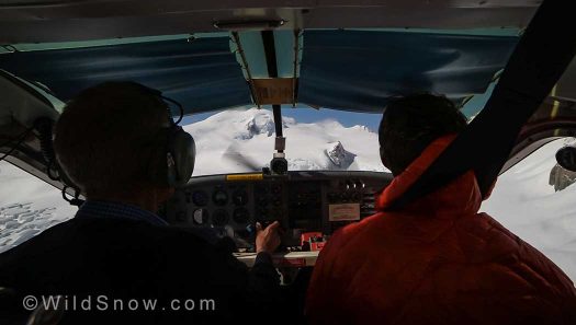 Coming in for a landing. The Tasman Saddle Hut is perched on the rock prow in the center right of the windshield. Coming in for a landing. The Tasman Saddle Hut is perched on the rock prow in the center right of the windshield.