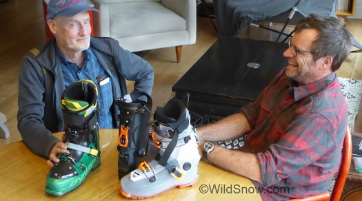 Lou (left) and boot co-developer Fritz Barthel recently met at WildSnow world HQ for a serious boot discussion. Lou (left) and boot co-developer Fritz Barthel recently met at WildSnow world HQ for a serious boot discussion.